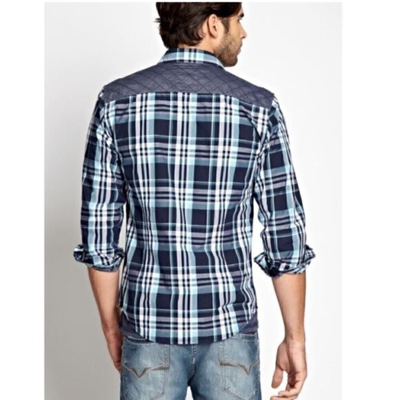 Guess LA Dillon Shirt XS Plaid Slim-Fit Long Sleeve Button Down Chambray - Picture 12 of 13